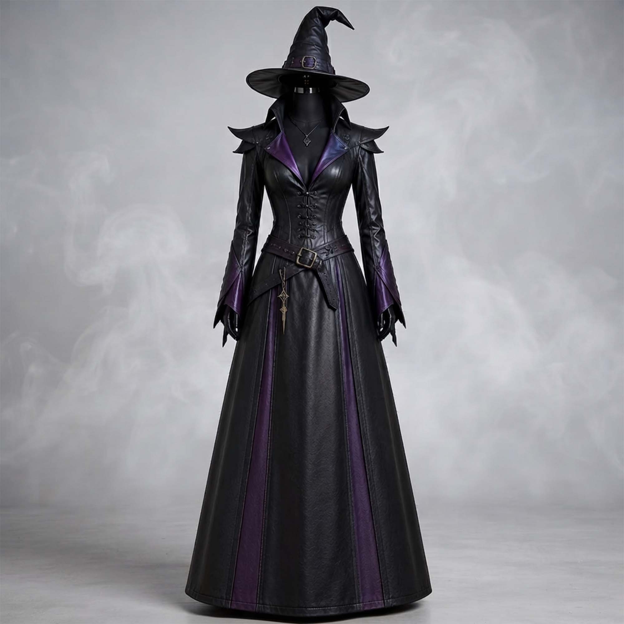 Full-length front view of a black and purple leather dark sorceress gown paired with a matching pointed leather witch hat on a mannequin.