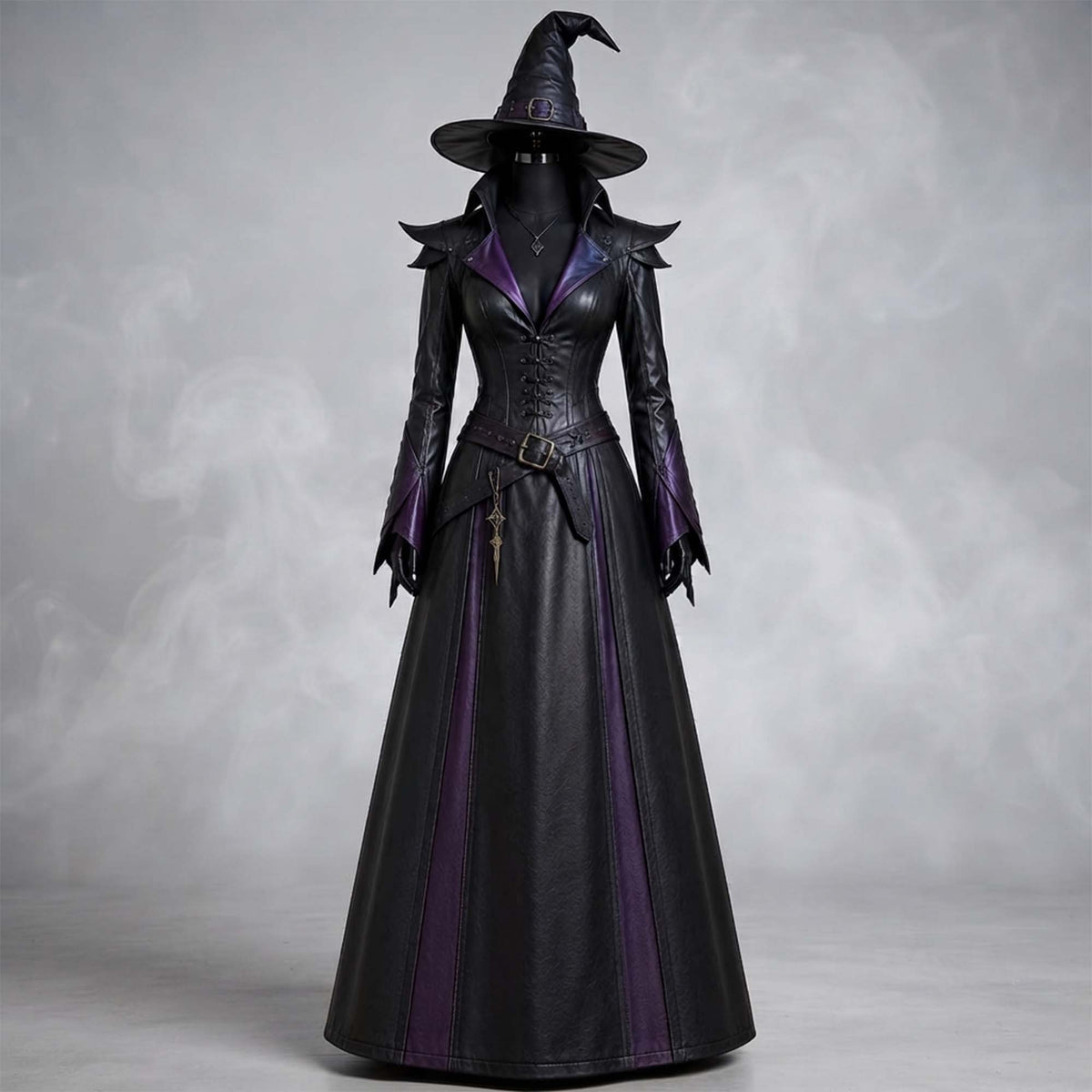Full-length front view of a black and purple leather dark sorceress gown paired with a matching pointed leather witch hat on a mannequin.