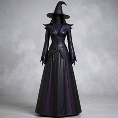Full-length front view of a black and purple leather dark sorceress gown paired with a matching pointed leather witch hat on a mannequin.