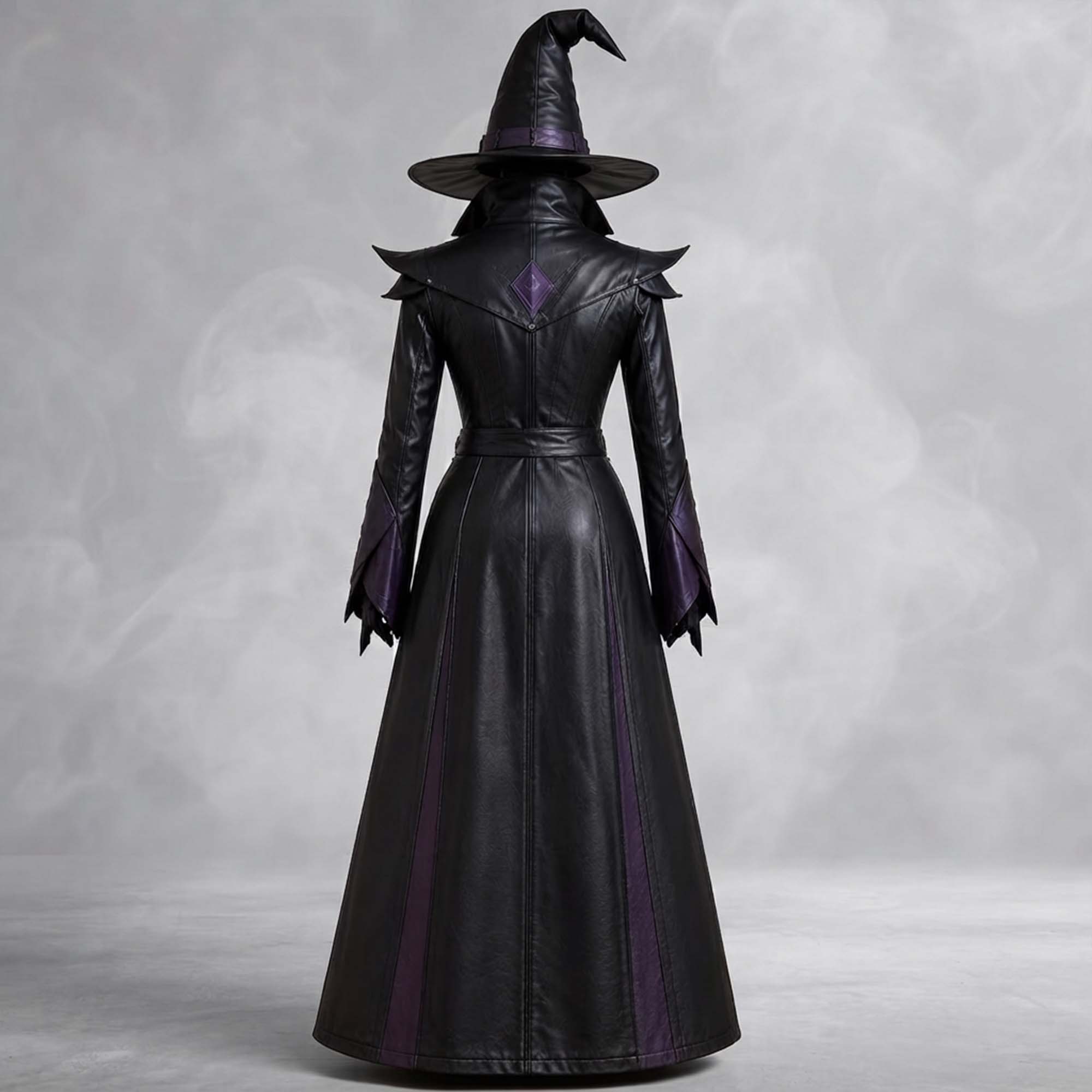 Full-length rear view displaying the back seam panels, waist belt, and wide brim leather hat of a women's gothic mage dress.