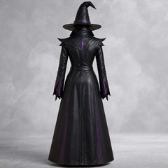 Full-length rear view displaying the back seam panels, waist belt, and wide brim leather hat of a women's gothic mage dress.