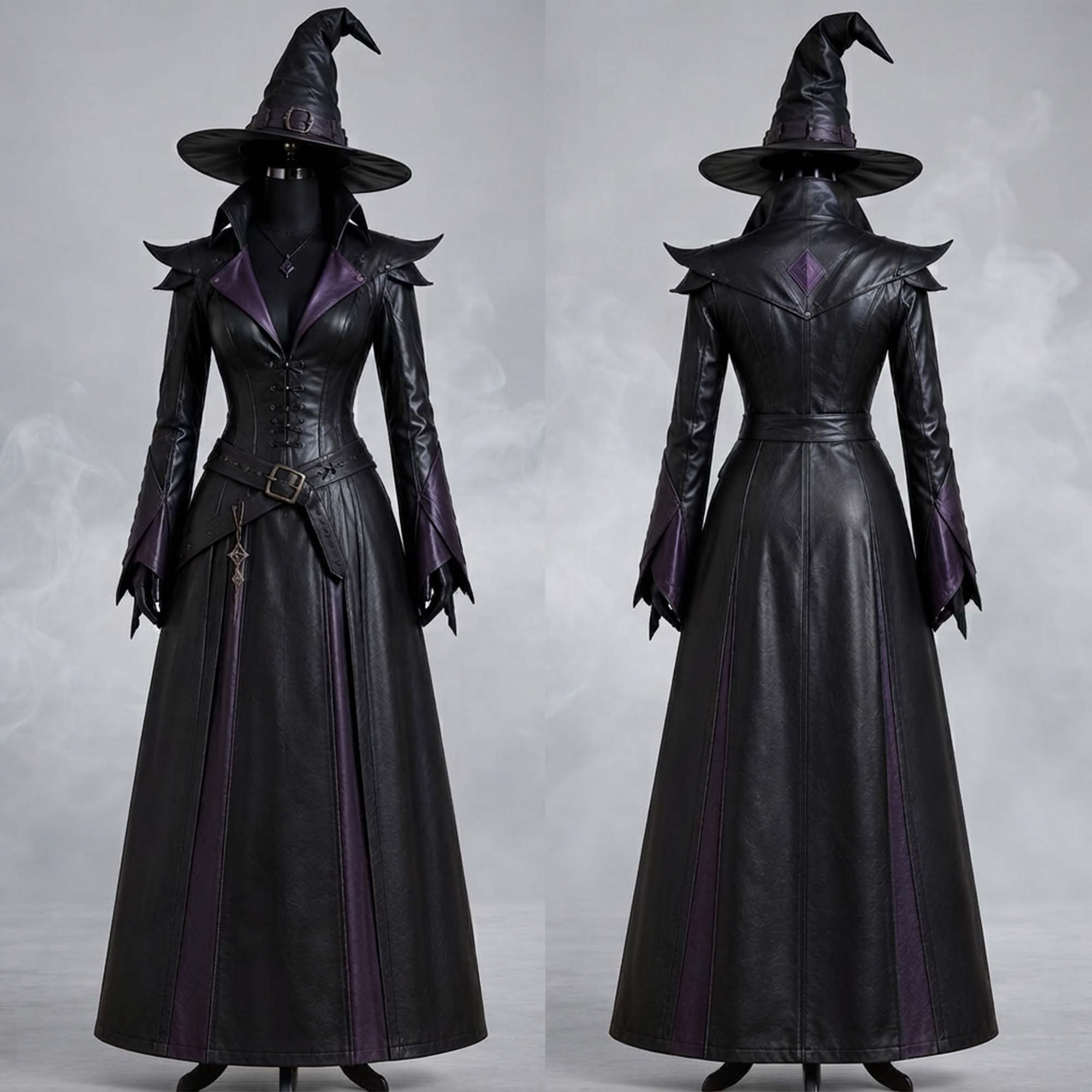 Side by side comparison displaying the full front and rear profile of a women's leather witch cosplay dress with hat.