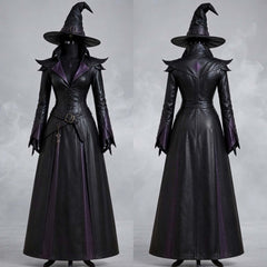 Side by side comparison displaying the full front and rear profile of a women's leather witch cosplay dress with hat.