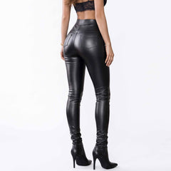 Rear three quarter angle of woman modeling black genuine lambskin leather pants highlighting tailored fit and rear patch pockets
