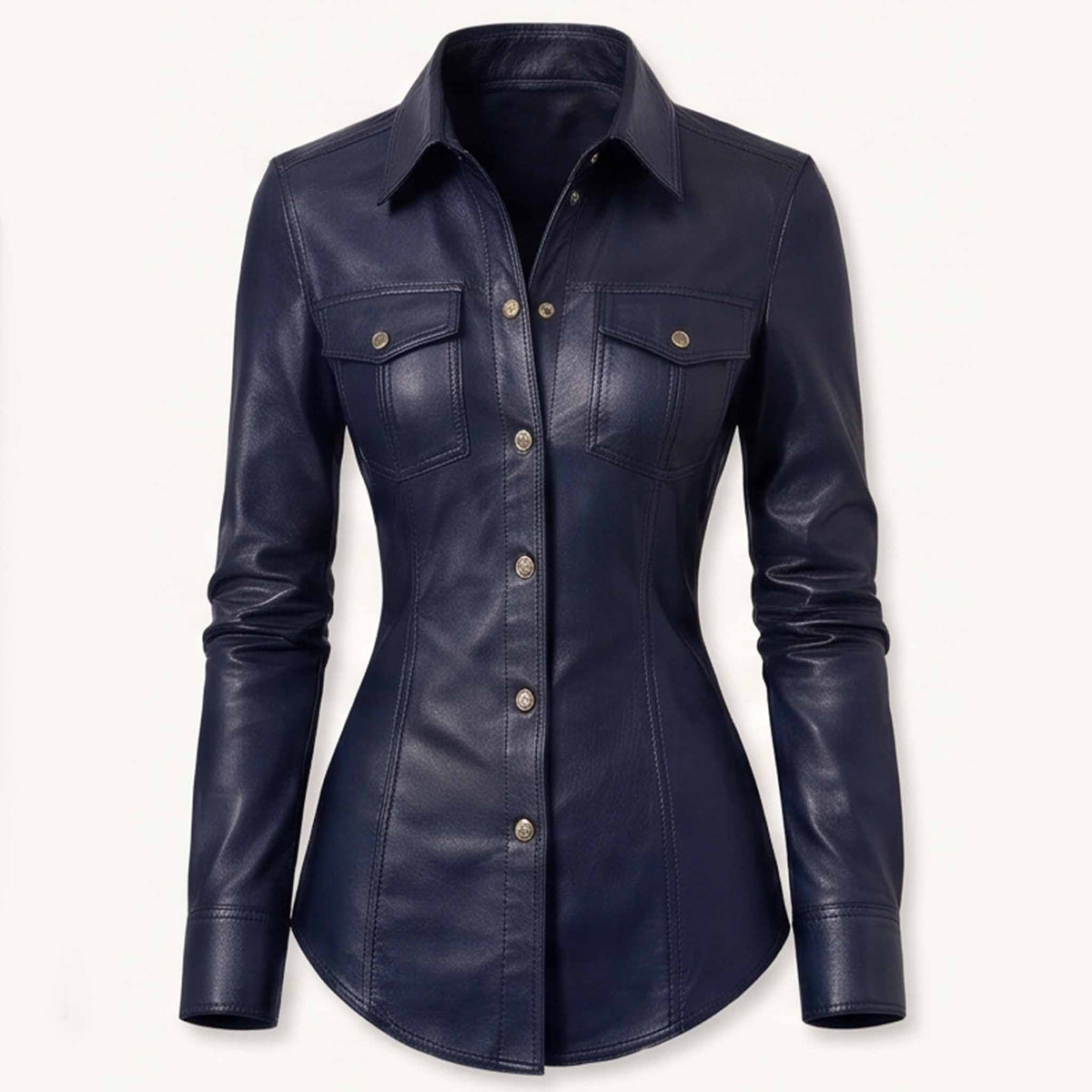 Front view of a tailored navy blue real sheepskin leather shirt with metal buttons and dual flap chest pockets.
