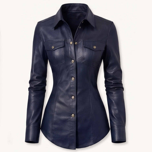Front view of a tailored navy blue real sheepskin leather shirt with metal buttons and dual flap chest pockets.