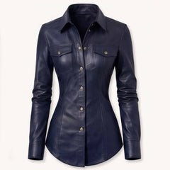Front view of a tailored navy blue real sheepskin leather shirt with metal buttons and dual flap chest pockets.