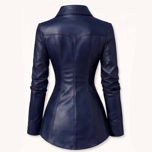 Back view showing the angled Western yoke and sculpted hourglass princess seams of a women's dark blue leather blouse.