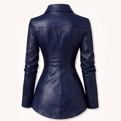Back view showing the angled Western yoke and sculpted hourglass princess seams of a women's dark blue leather blouse.