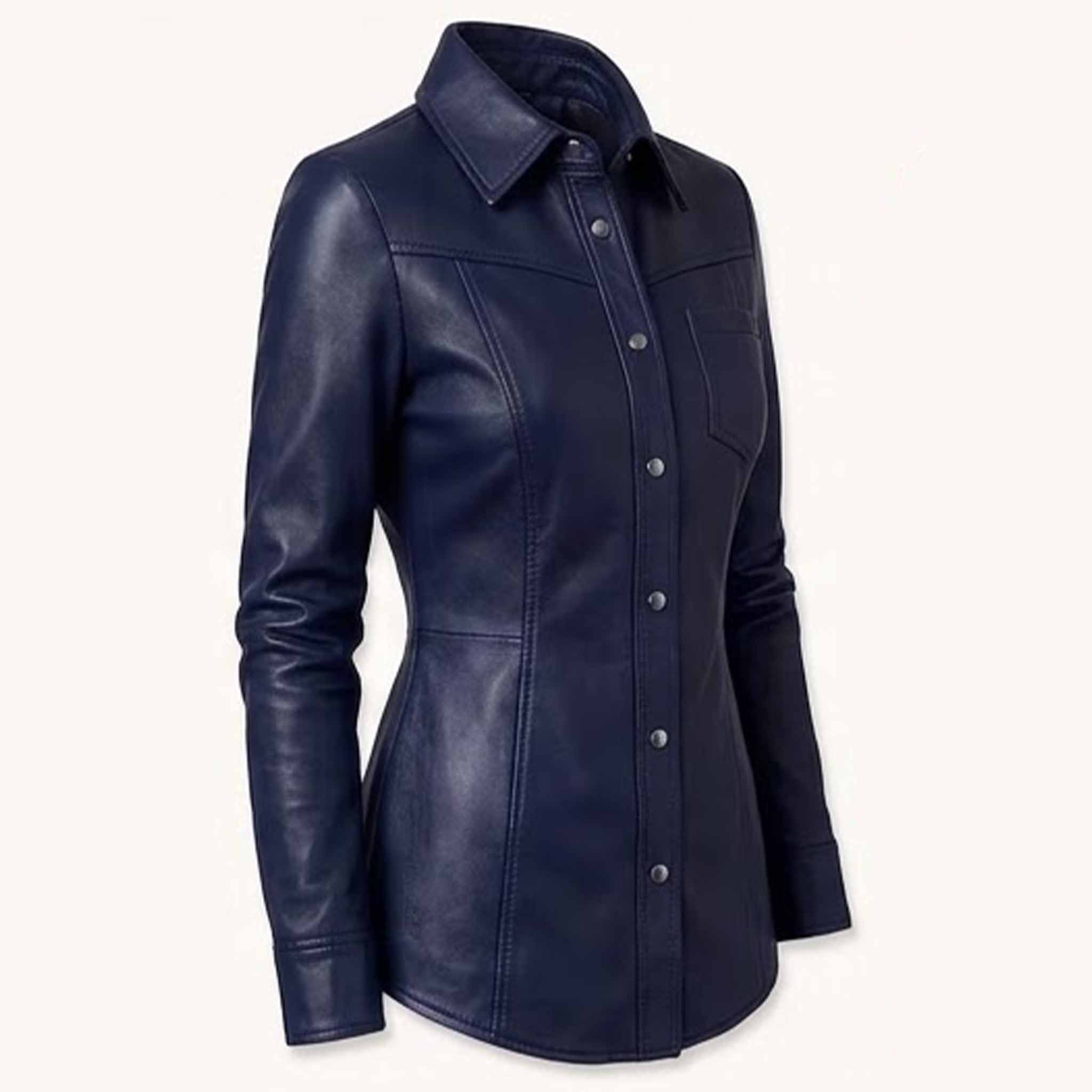 Three quarter front perspective highlighting the spread collar, tailored waist, and curved bottom hem of a navy blue leather top.