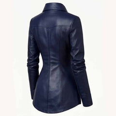 Rear three quarter angle displaying the tailored fit, sleeve construction, and flared hemline of a genuine sheep leather shirt.