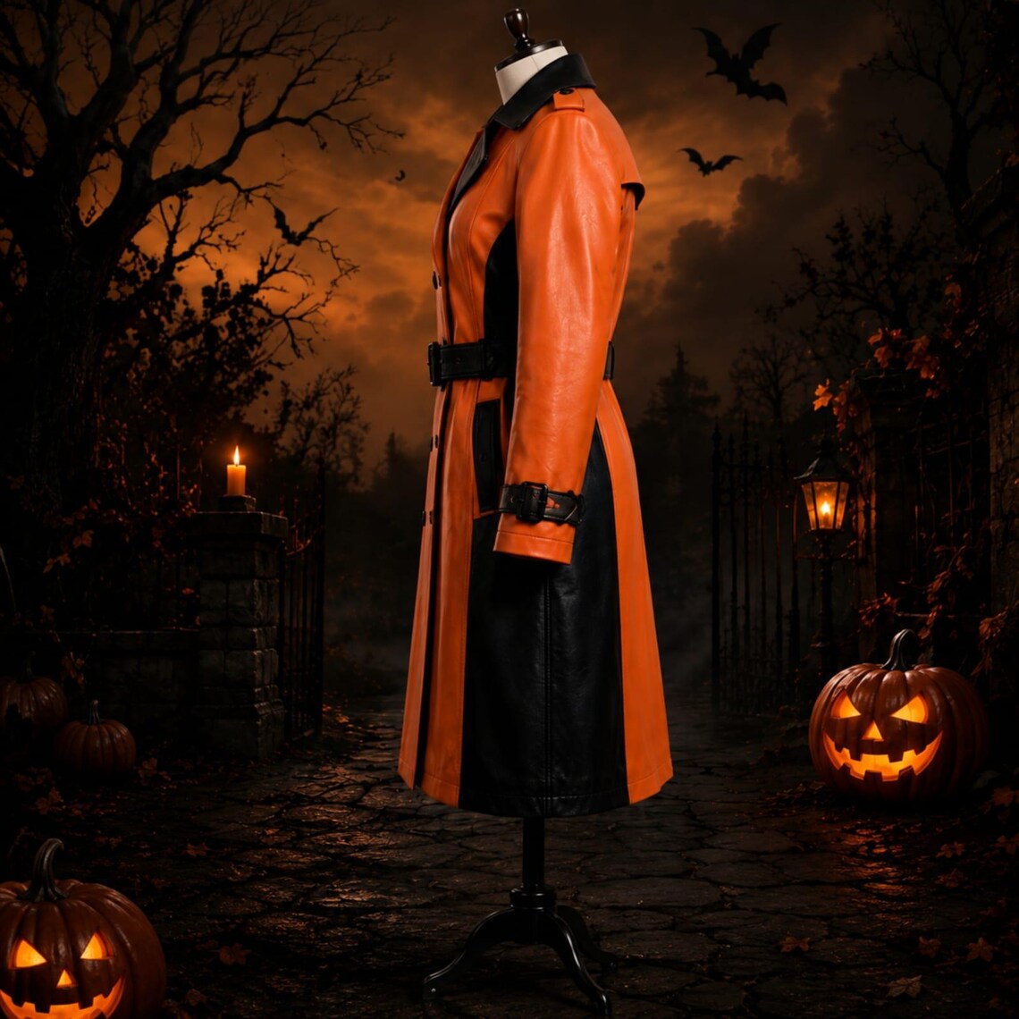 Side angle of long orange and black leather overcoat highlighting the sleeve buckle straps and streamlined silhouette.