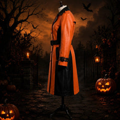 Side angle of long orange and black leather overcoat highlighting the sleeve buckle straps and streamlined silhouette.