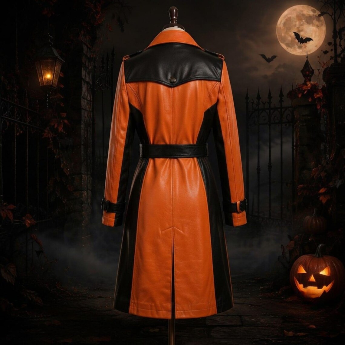 Back profile of women's orange leather trench coat showing black contrast storm flap, belted back, and central walking vent.