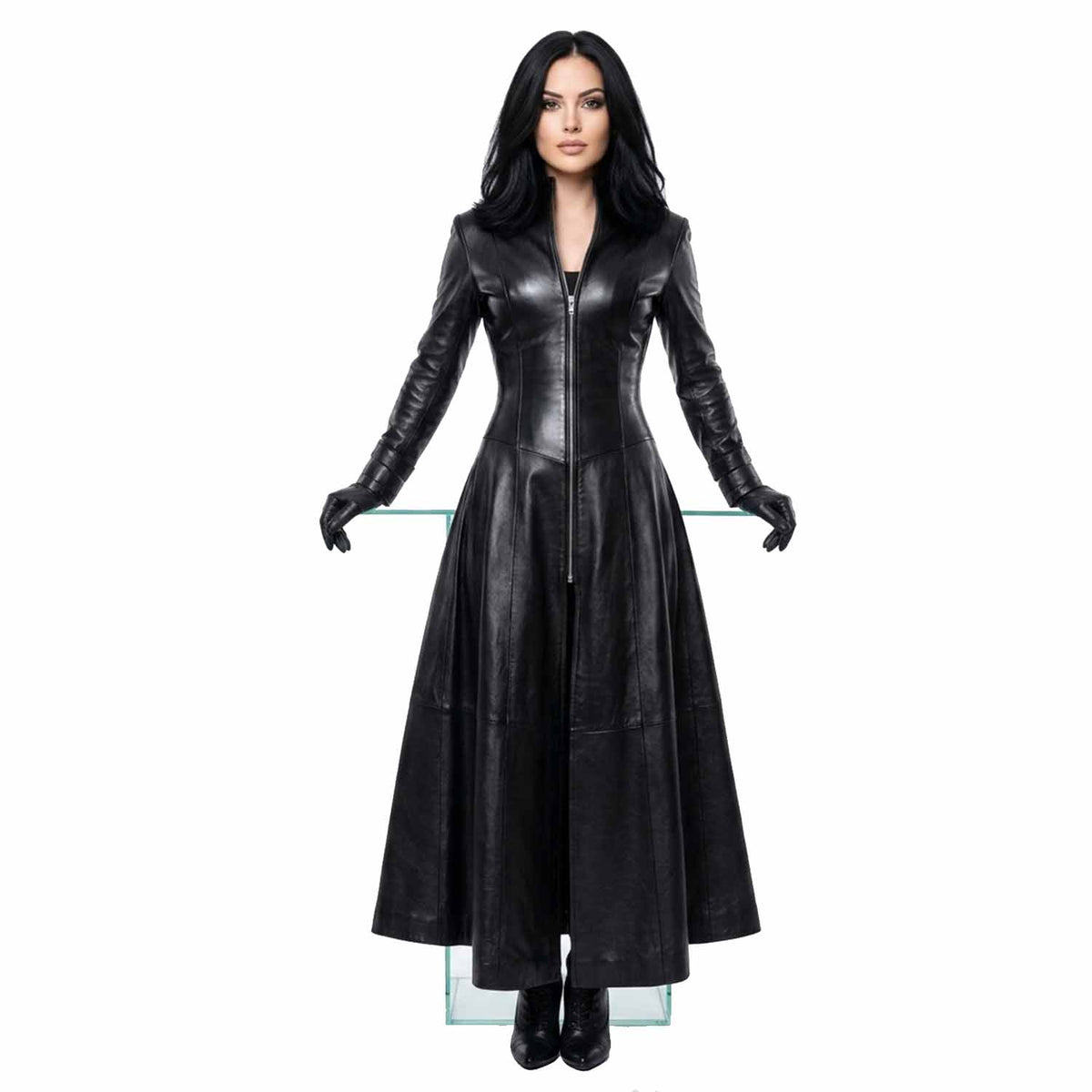 Front view of a woman wearing a floor-length pure black leather Matrix trench coat with a zipped front and high collar.