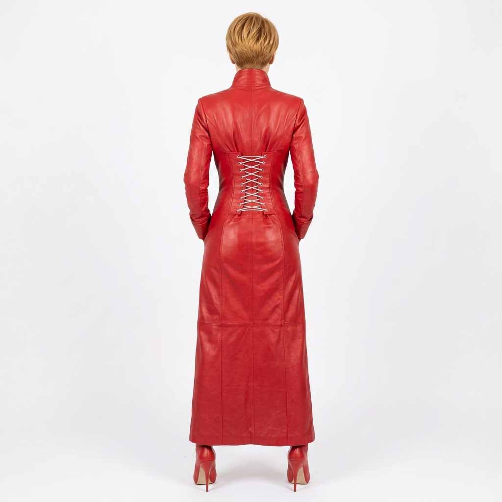 A woman viewed from the back wearing a long red leather dress with long sleeves, a high collar, and a lace-up back, paired with red high heels, against a plain white studio background.