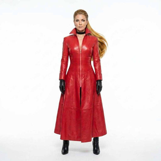 Full-length front view of a blonde woman wearing a vibrant red lambskin Nappa leather trench coat dress with a high collar and front zip.