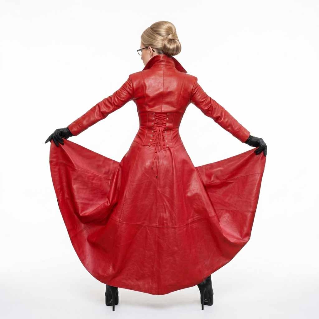 Back profile of a woman in a long red Nappa leather trench coat gown highlighting the adjustable back lacing and structured seams.