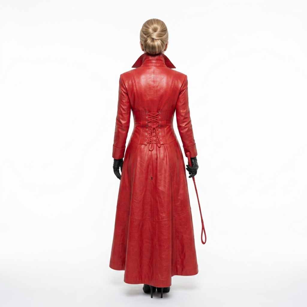Rear perspective of a woman holding out the wide flared skirt of a red leather long coat, showing the fitted lace-up corset back detail.