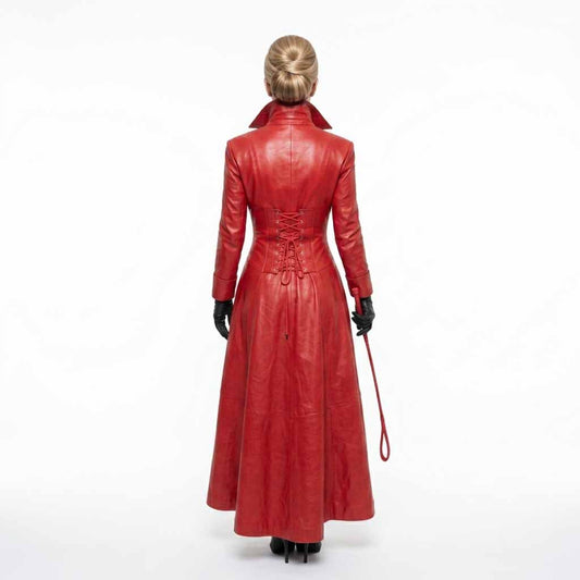 Rear perspective of a woman holding out the wide flared skirt of a red leather long coat, showing the fitted lace-up corset back detail.