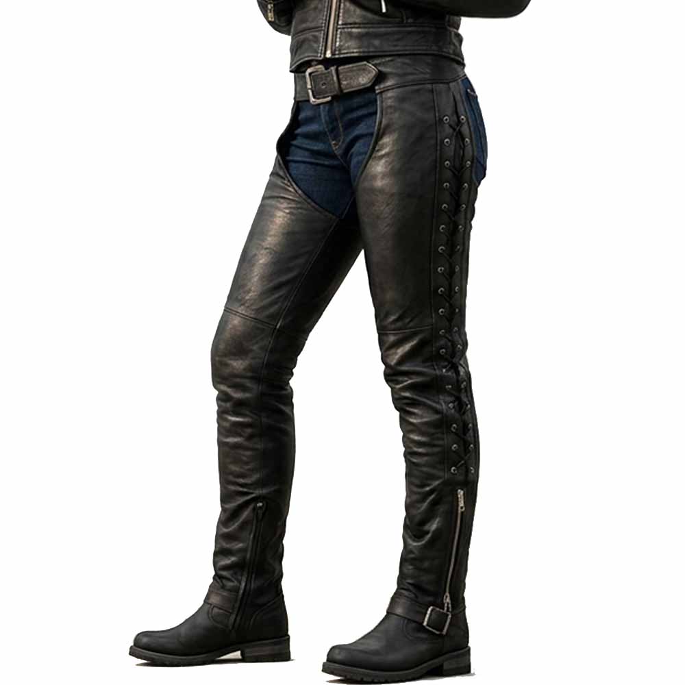 Side profile view of female rider wearing distressed black pure leather biker chaps over blue jeans showing side lacing detail and motorcycle boots
