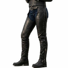 Side profile view of female rider wearing distressed black pure leather biker chaps over blue jeans showing side lacing detail and motorcycle boots