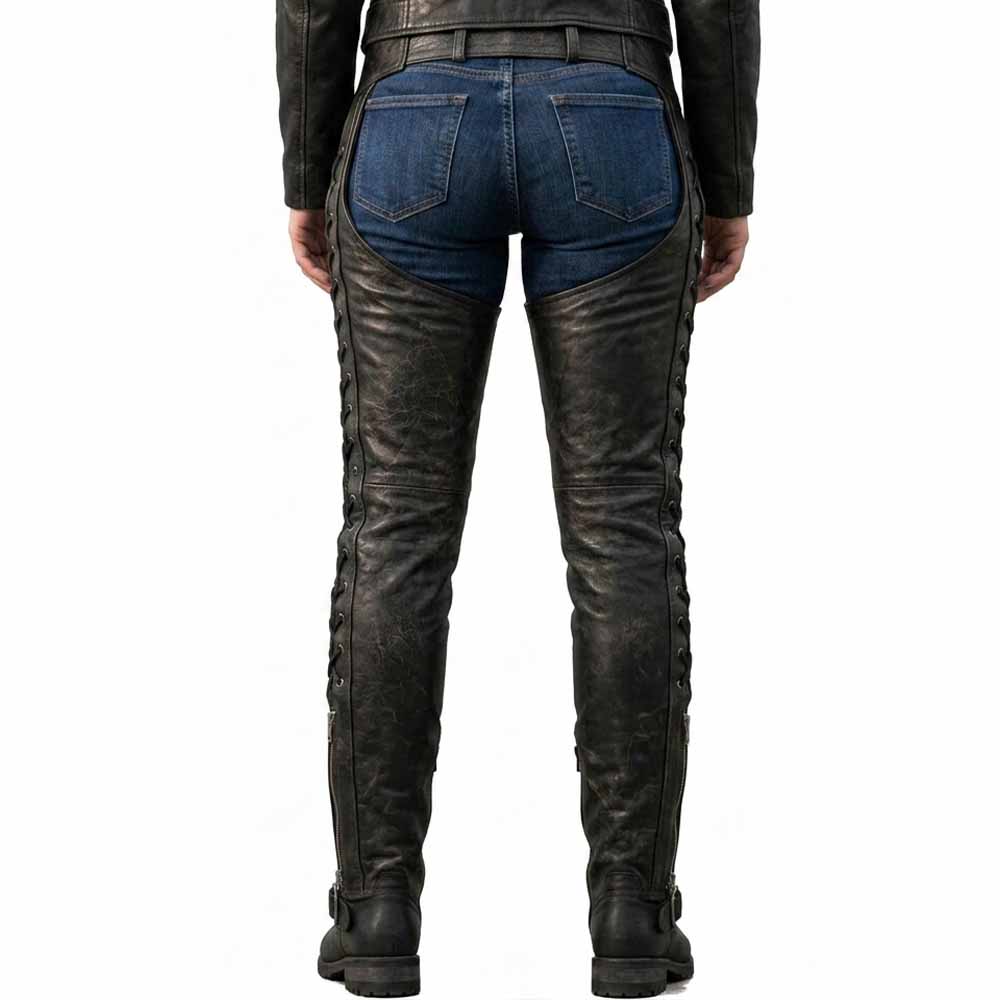Back view of model wearing women's real leather motorcycle riding chaps highlighting waist belt and full-length outer leg eyelet laces
