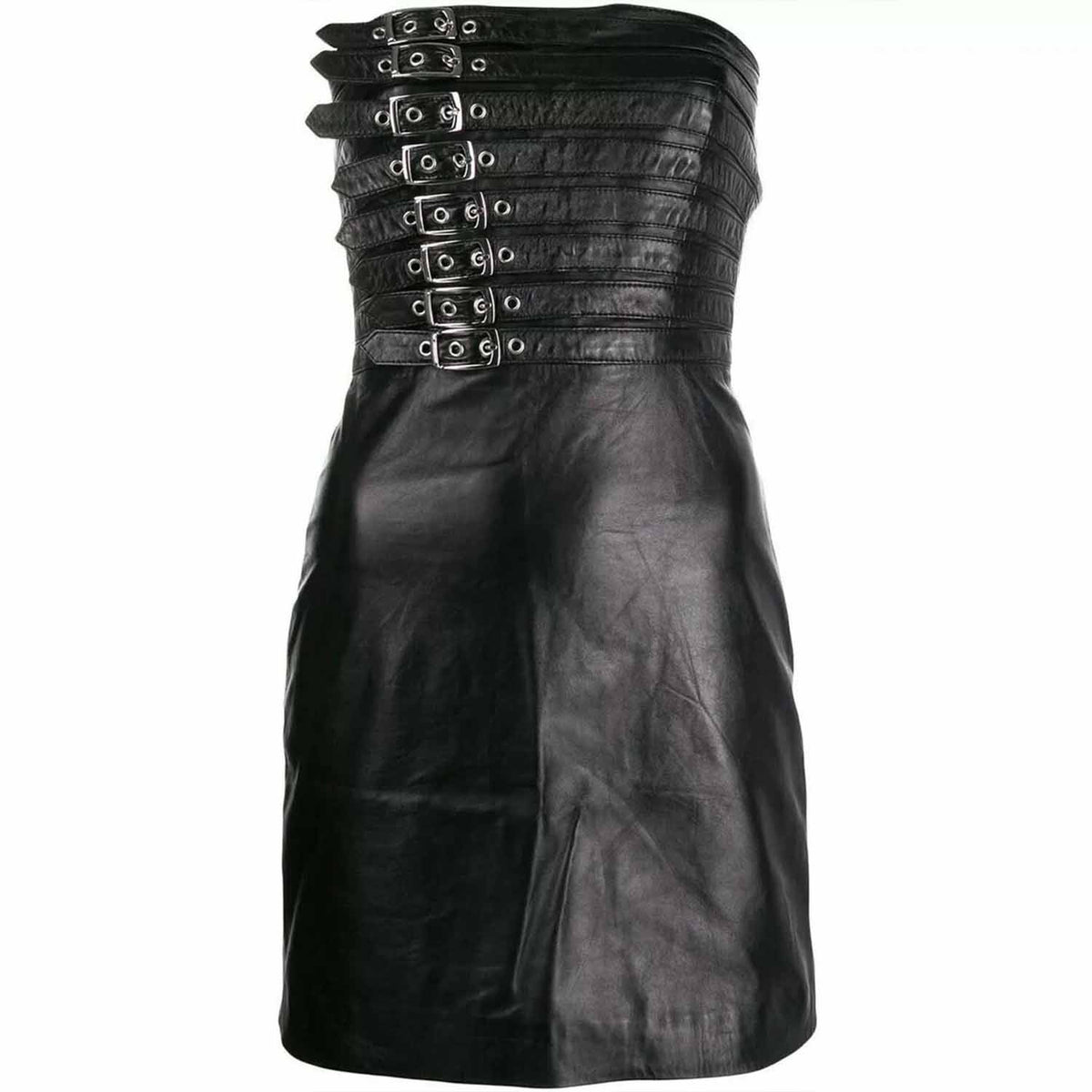 Front view of a strapless black leather mini dress showcasing stacked adjustable silver metal buckles across the bust area.