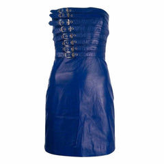 A strapless blue leather mini dress with a structured corset-style bodice featuring multiple rows of silver-tone metal buckles and rings, shown against a plain white background.