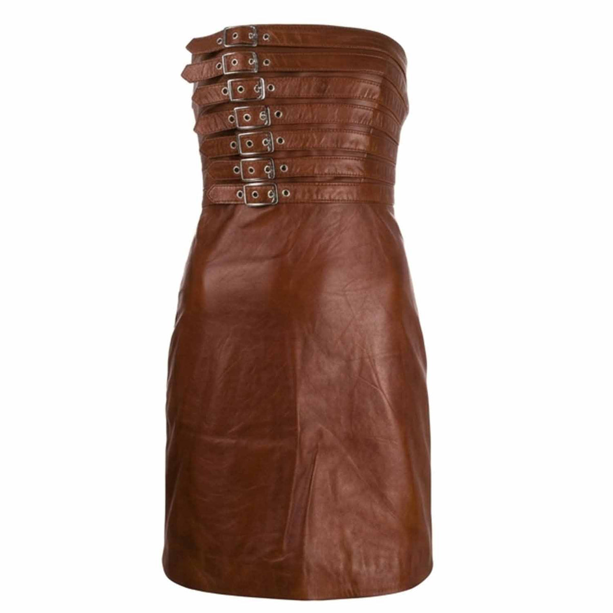 A brown leather strapless mini dress featuring a structured corset-style bodice with multiple horizontal rows of silver-tone metal grommets and buckles, set against a plain white background.