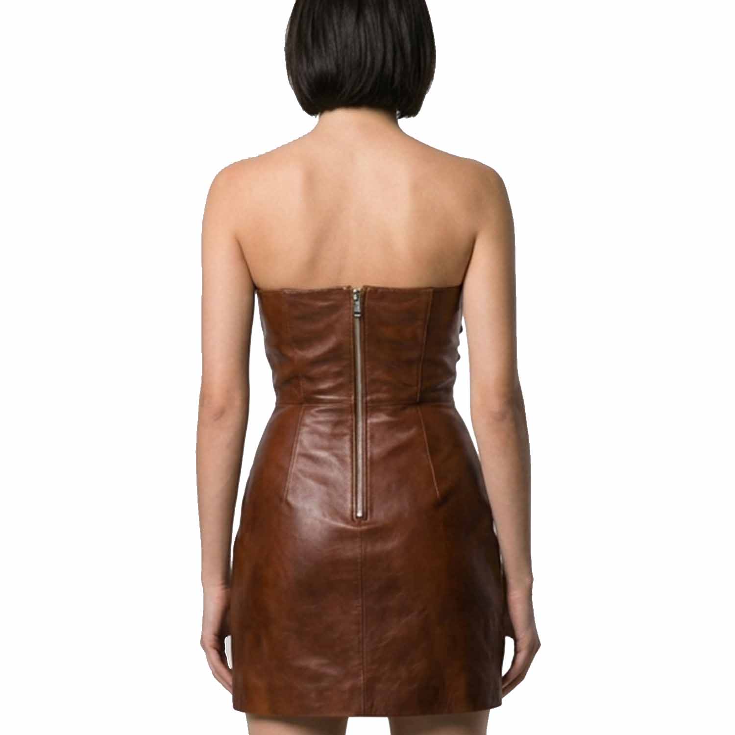 A woman viewed from the back wearing a strapless brown leather mini dress with a center zipper, set against a plain white background.