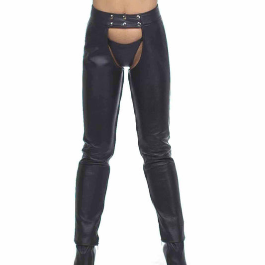 Front view of women's genuine cowhide leather chaps showing double snap button waistband and slim leg fit