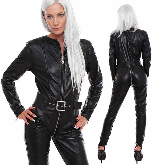 Front and back view of a woman with long silver hair wearing a fitted black genuine leather catsuit with a belted waist and 3-way zipper.