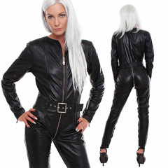 Front and back view of a woman with long silver hair wearing a fitted black genuine leather catsuit with a belted waist and 3-way zipper.