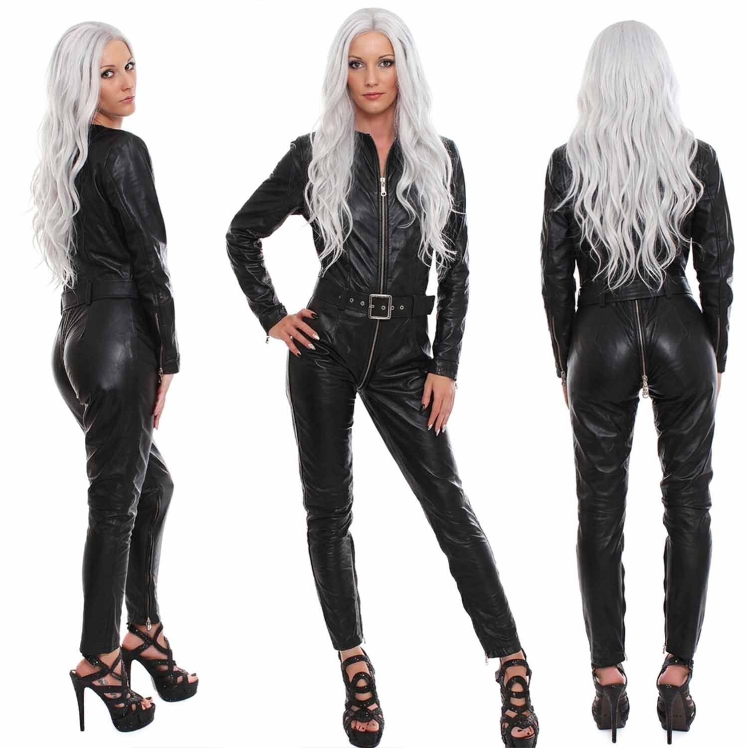Full 360-degree studio view displaying the side, front, and back profile of a sleek long-sleeve black real leather jumpsuit.