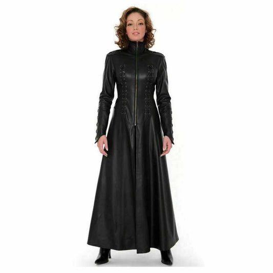 Full-length front view of a woman wearing a black real Nappa sheep leather Matrix trench coat dress with a high collar and front zipper.