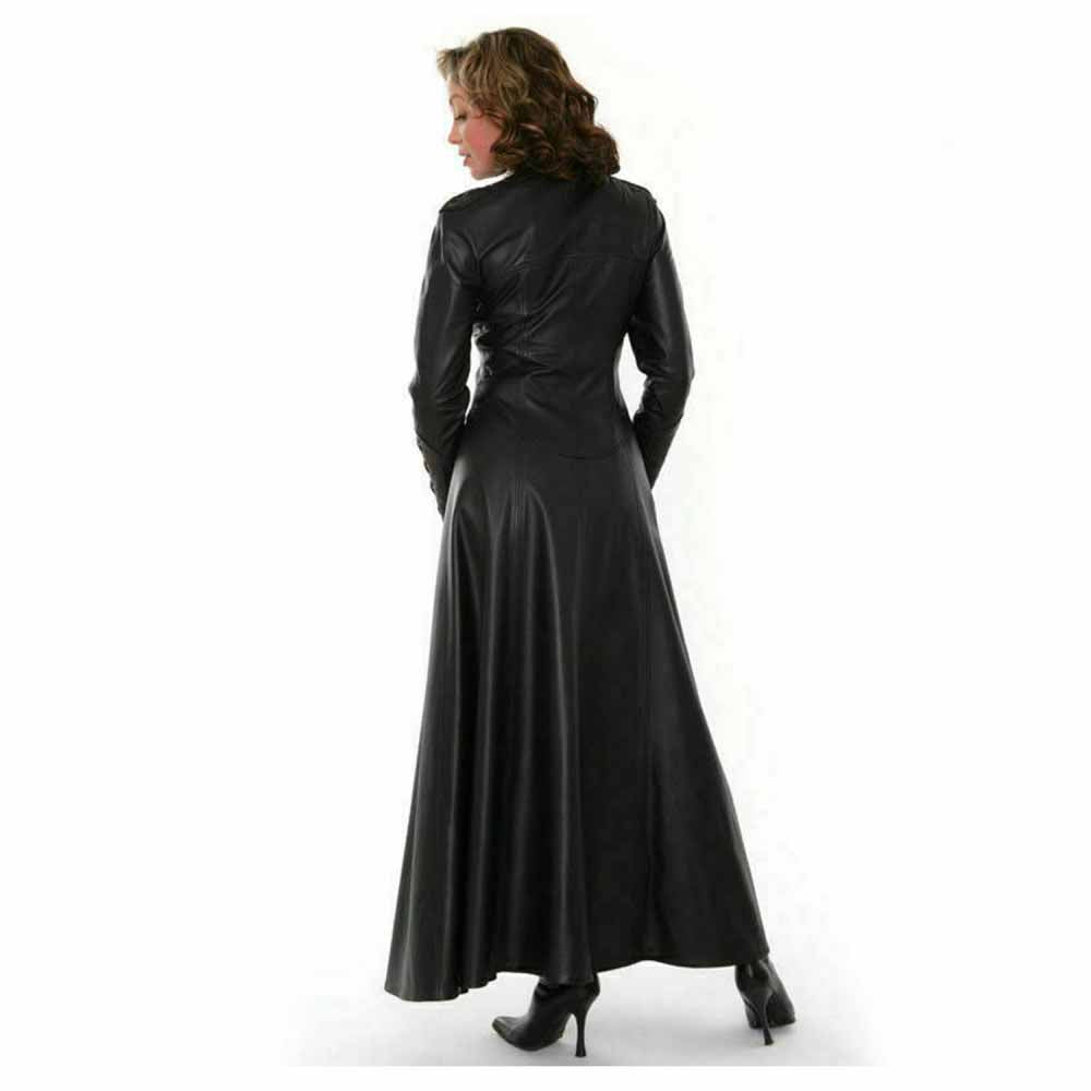 Back profile view of a long black leather Matrix coat dress showing the fitted waist, long sleeves, and full floor-length flared hem.