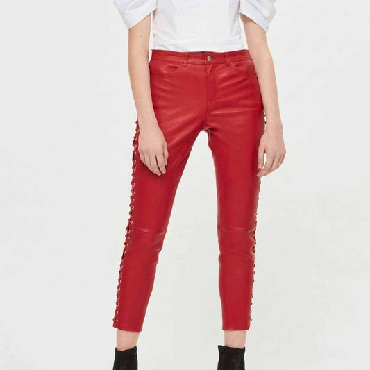 Women’s Red Real Leather Laces Up Slim Fit Sexy Side Laces Up Pants Skinny Trousers