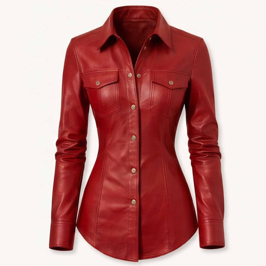 Front view of a tailored scarlet red real sheepskin leather shirt featuring metallic buttons and dual flap chest pockets.