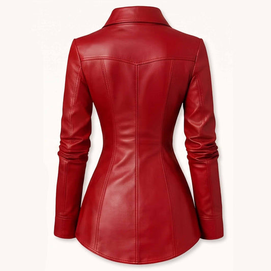 Back view showing the angled Western back yoke and sculpted hourglass princess seams of a women's red leather blouse.