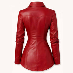 Back view showing the angled Western back yoke and sculpted hourglass princess seams of a women's red leather blouse.