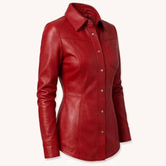 Three quarter front perspective highlighting the spread collar, tailored waistline, and curved hem of a red genuine leather top.