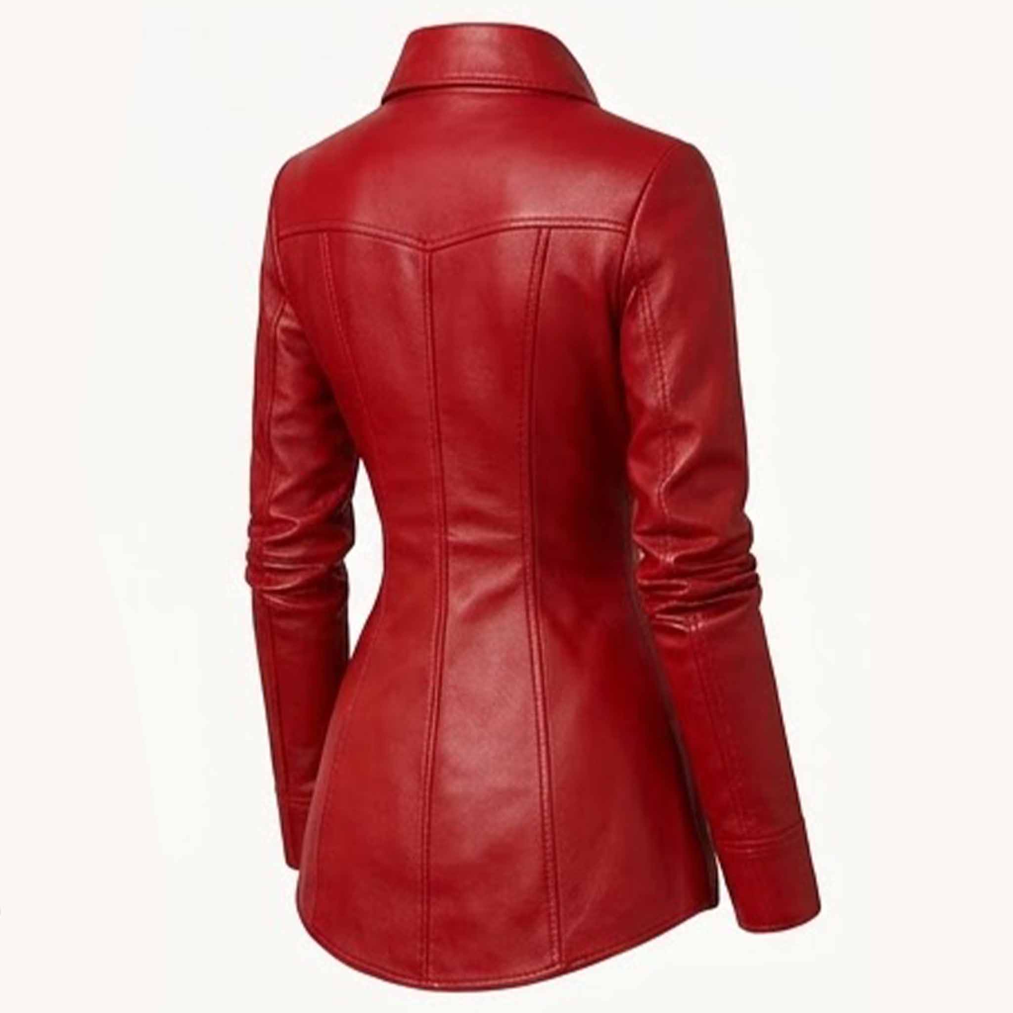 Rear three quarter angle displaying the structured back seams, fitted waist, and shirt-tail hem of a handcrafted sheepskin leather shirt.
