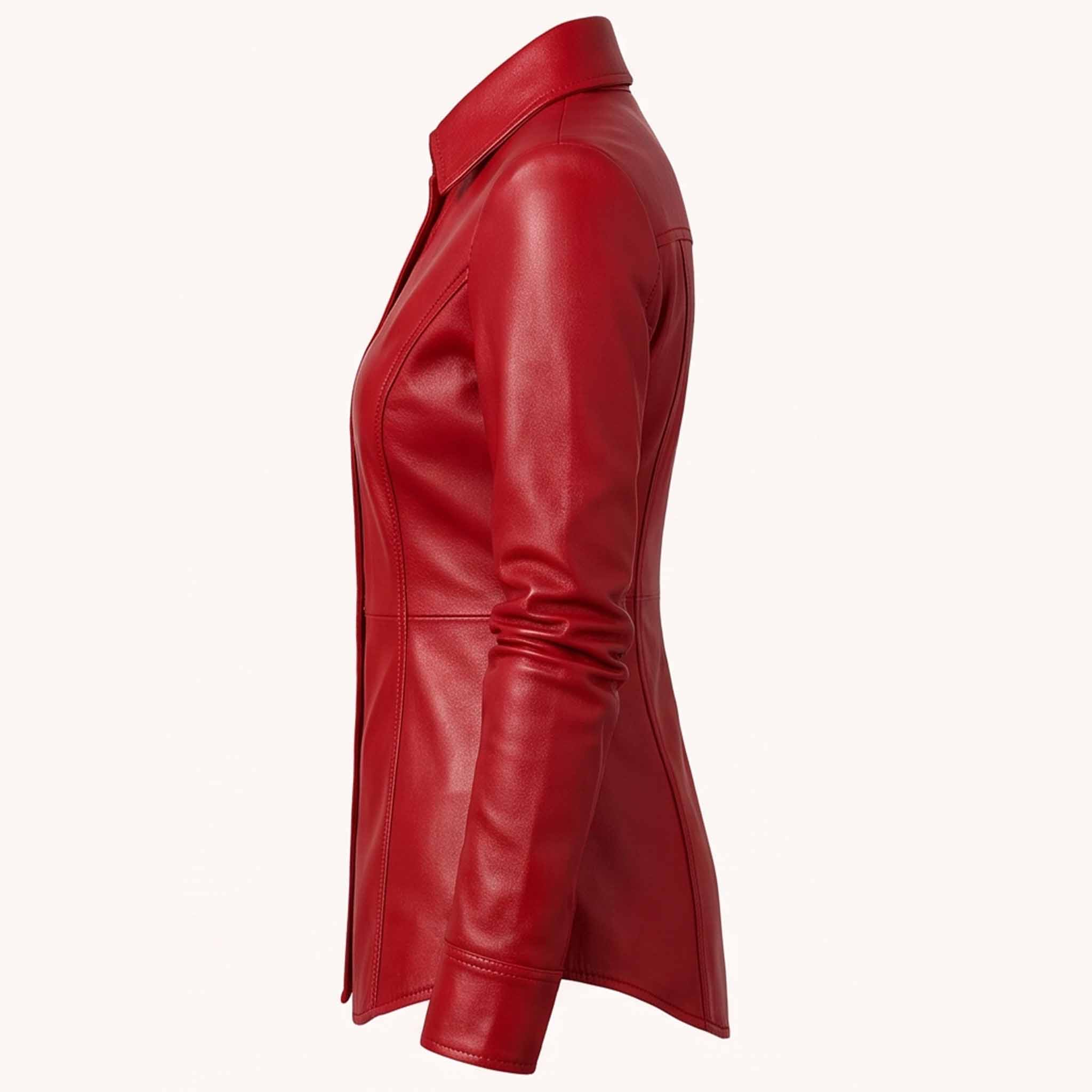 Side profile view showcasing the sleek torso tailoring, long sleeves, and curved bottom edge of a women's red leather overshirt.