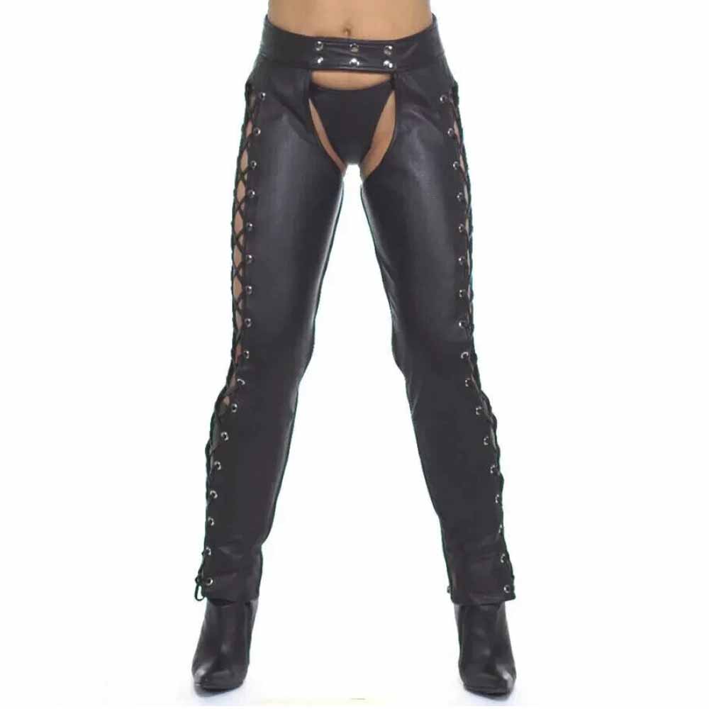 Front view of model wearing women's black soft real cowhide leather chaps with side lacing and double snap waistband