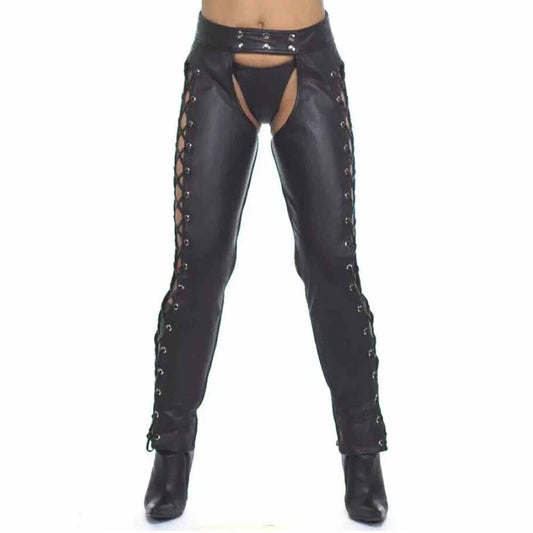 Front view of model wearing women's black soft real cowhide leather chaps with side lacing and double snap waistband