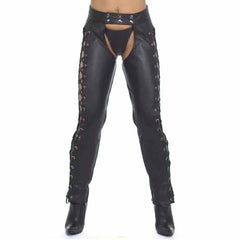 Front view of model wearing women's black soft real cowhide leather chaps with side lacing and double snap waistband