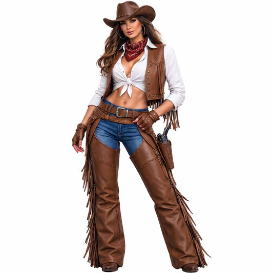 Full length front studio view of smiling woman wearing brown leather western fringe chaps and cropped studded vest with cowboy hat and boots