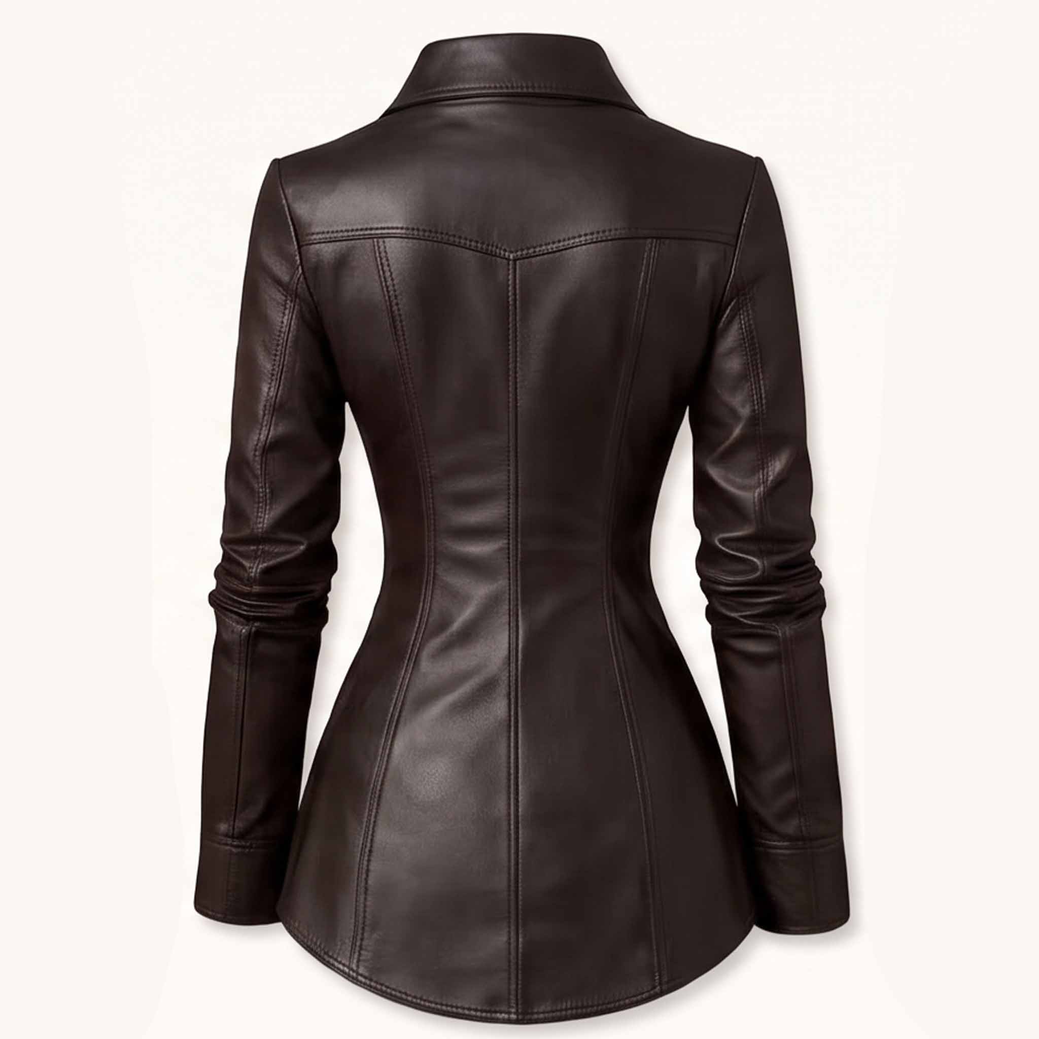 Back view showing the angled Western back yoke and sculpted hourglass princess seams of a women's dark brown leather blouse.