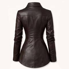 Back view showing the angled Western back yoke and sculpted hourglass princess seams of a women's dark brown leather blouse.